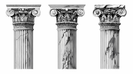 Obraz premium Set of ancient greek columns with detailed ionic capitals, isolated on a white background, emphasizing their historical and architectural significance. Ionic. Illustration