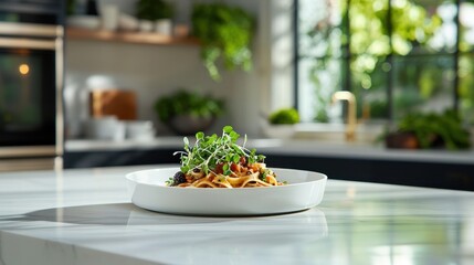Italian food Fresh Plate of Pasta with Vegetables and Microgreens in Modern Kitchen Setting