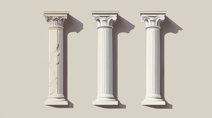 Three elegant white columns showcasing distinct classical architectural styles against a clean background. Ionic. Illustration