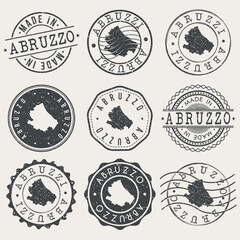 Abruzzo, Italy Set of Stamps. Country Travel Marks. Made In Product. Design Seals Old Style Insignia.