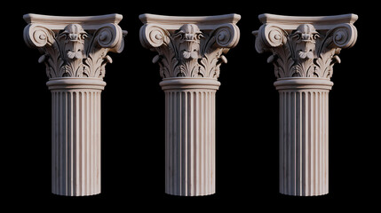 Obraz premium Three isolated greek columns with fluted shafts and ionic capitals. generative ai. Ionic. Illustration