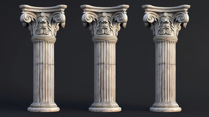 Fototapeta premium Three isolated greek columns with fluted shafts and ionic capitals. generative ai. Ionic. Illustration