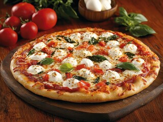 Freshly Baked Margherita Pizza with Tomatoes, Basil, and Mozzarella on Wooden Table Italian food