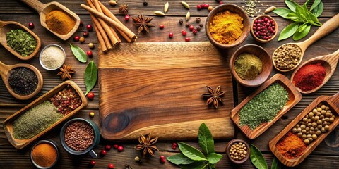 Aromatic spices scattered on a wooden cutting board, culinary, spices