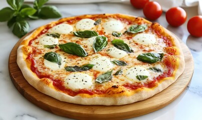 italian food Delicious Margherita Pizza with Fresh Basil and Mozzarella on Wooden Board