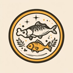 A stylized illustration of two fish, one larger with a chef's hat and one smaller, in a circular design.