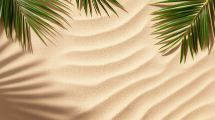 Soft sand texture with palm leaves casting shadows, evoking tropical vibe