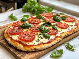 italian food Freshly Baked Margherita Pizza with Basil and Tomato Slices on Wooden Board
