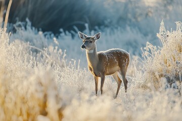 Young Deer Buck Standing in Frosted Grass on a Cold Winter Morning, Capturing the Essence of Wildlife in Winter