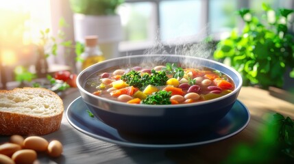 Italian food Delicious and Colorful Vegetable Soup with Fresh Herbs and Bread on Wooden Table