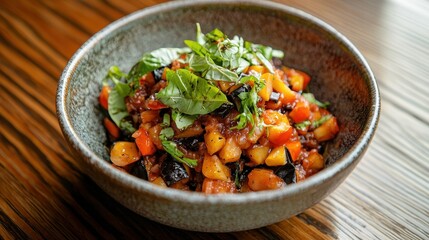 Italian food Colorful Vegetable Medley in Bowl with Fresh Herbs on Wooden Table