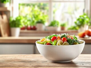 italian food Fresh Vegetable Pasta Salad in a Bright Kitchen with Natural Light and Herbs