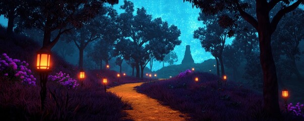Fototapeta premium Magical Forest Path Night Fantasy Landscape