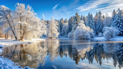 Fototapeta premium Snowy forest landscape with frost-covered trees and frozen lake in the background, snowy woods