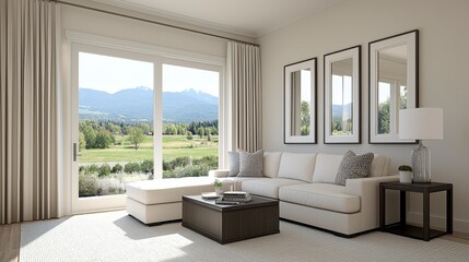 Modern Living Room with Mountain View and Neutral Decor