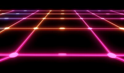 Fototapeta premium Glowing grid with pink and orange lines on black background.