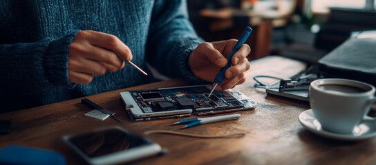 Fototapeta premium Person repairing phone with tools on table.