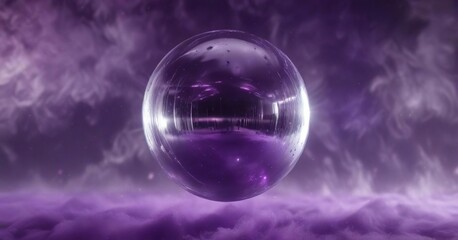 shimmering silver sphere ball suspended in mid-air amidst swirling purple mist, purple mist, mystical ambiance