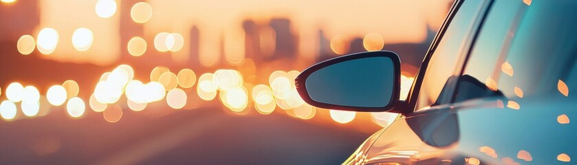 Car Mirror Reflecting City Lights at Sunset Road Trip