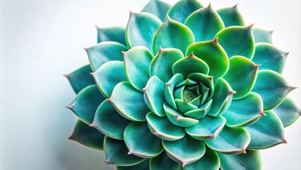 A close-up shot of a single, plump succulent's leaves in shades of emerald green and turquoise, with subtle veins visible, against a stark white background , foliage, botanical