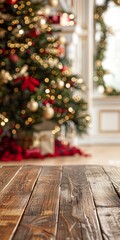 Cozy winter scene featuring beautifully decorated Christmas tree with sparkling ornaments, twinkling lights, and festive gifts, warm inviting atmosphere, perfect holiday backdrop, copy space.