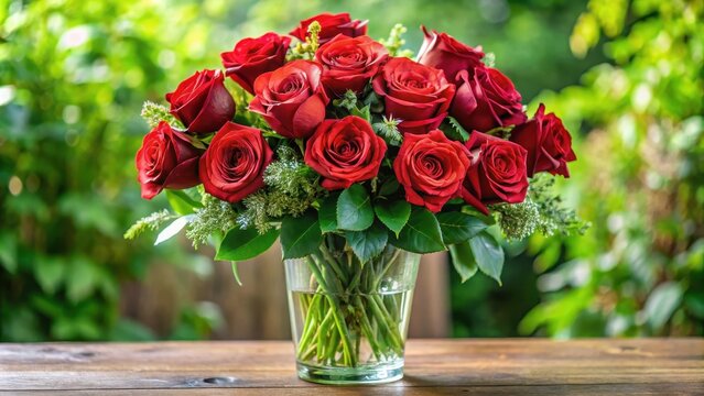 A stunning rose bouquet with long stems and lush green leaves, arranged in a elegant vase or container, adding to the beauty and sophistication of the scene , leafy greens, container