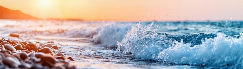 Naklejka premium Golden Sunset Beach Waves Crashing Rocky Shore
