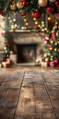 Cozy holiday scene of beautifully decorated Christmas tree and festive garland, warm ambiance, glowing lights and fireplace, inviting atmosphere perfect for seasonal celebrations. Copy space.