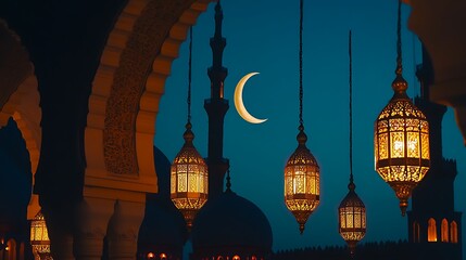 Obraz premium Illuminated Lanterns Adorn Mosque Under Crescent Moon
