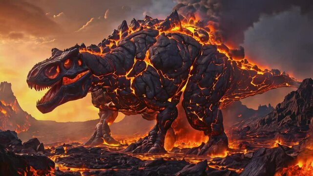 a massive creature made of molten rock and magma. It resembles a molten dinosaur, with cracks of glowing lava visible through its rocky skin, and volcanic ash trailing it as it stomps through a scorch