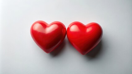 Fototapeta premium Two red hearts merged together like a single entity on a white or pastel background, similar