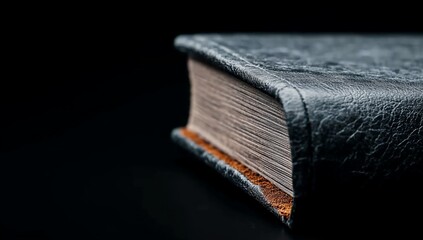 Close-up of a leather-bound book with visible pages.