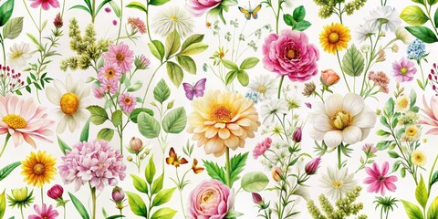 Softly blooming original summer flowers create a seamless natural pattern on a white background , greenery, nature,  greenery