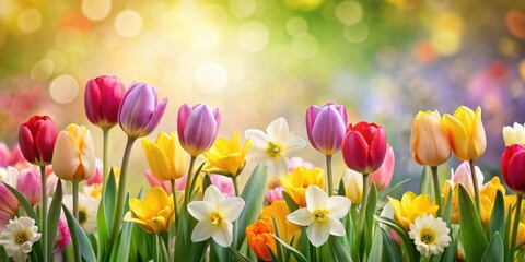 Colorful tulips and daffodils blooming in a serene garden against a soft paper background