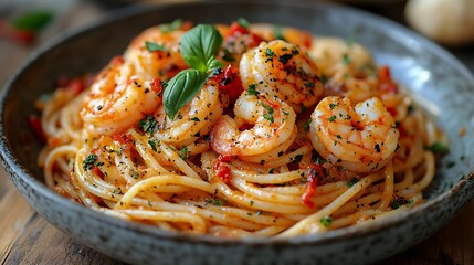 A close-up of a plate of spaghetti with shrimp in a rich, red sauce