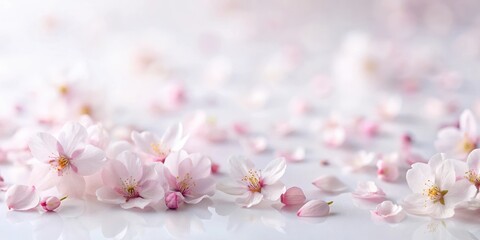 Fototapeta premium Delicate cherry blossom petals scattered on a soft white background, nature, serene , nature, serene , peaceful