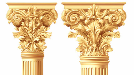 Gold-leafed classical style column with ornate design. Ionic. Illustration