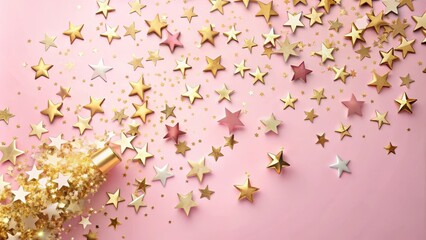 Fototapeta premium Celebratory atmosphere with gold star confetti floating gently on a soft pink background, filling the air with joyful energy , celebration, confetti popper