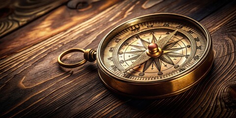 A detailed close-up of a brass compass with ornate details such as engravings and etchings on the surface, set against a dark wooden background , compass, navigation instrument