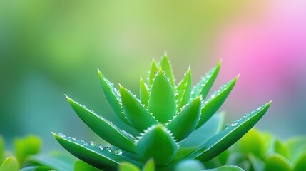 Fototapeta premium Dew Drops on Succulent Plant Close Up Macro Photography of Green Leaves Lush Nature Bot