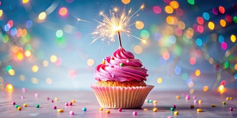 A sweet pink cupcake with a bright sparkler on top, surrounded by colorful confetti and candles