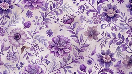 Intricate, hand-painted floral patterns in shades of purple on a luxurious paper background , purple, seamless