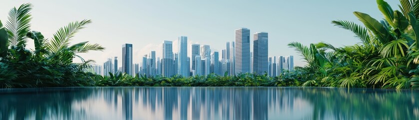 Fototapeta premium Tropical Oasis Cityscape Reflection Pool Tranquil
