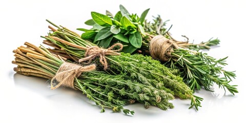 Aromatic herb bundle with various herbs like thyme rosemary and oregano dried and tied together, plant, aromatics