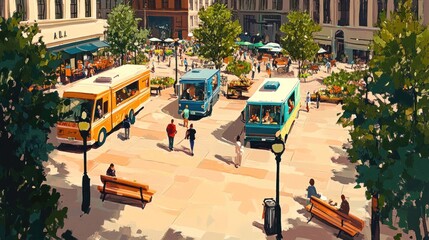 Sunny city square with food trucks, people relaxing on benches, and buildings in the background.