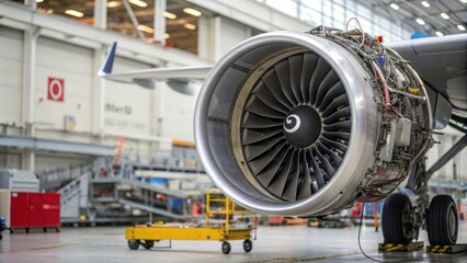 Obraz premium Close up of jet engine assembly in factory, jet engine, assembly, factory, production, manufacturing
