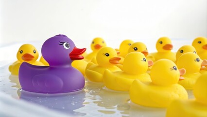 Purple rubber duck stands out floating among yellow rubber ducks, Isolated, unique, different, standout, vibrant, colorful