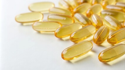 Close-up of vitamin oil capsules on a white background, health, supplement, omega-3, wellness, nutrition