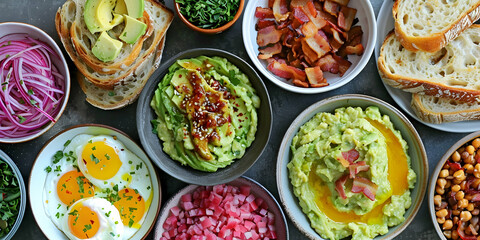 Overhead shot of various breakfast foods including avocado toast, eggs, bacon, and more.
