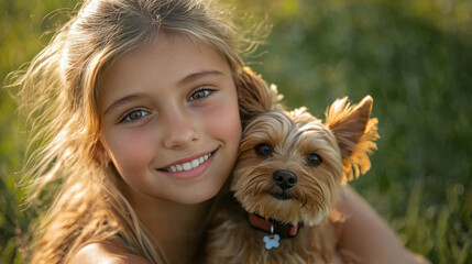 Fototapeta premium Caucasian blond girl holding pet dog playing on grass outside together